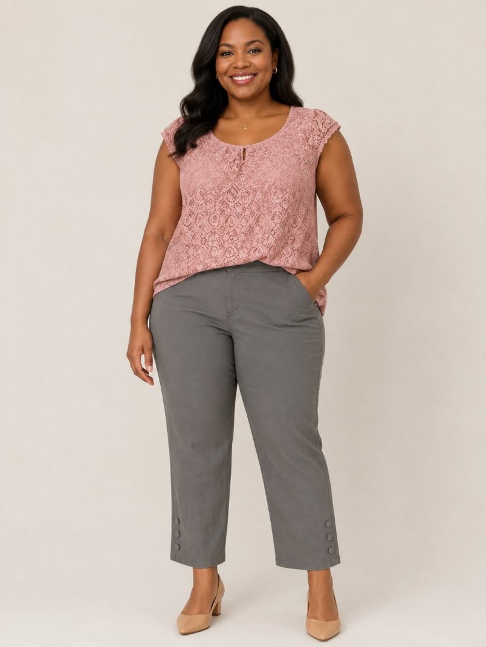 Tribal 18W Gray Ankle Pants Tummy Control Button Hem Slim Straight